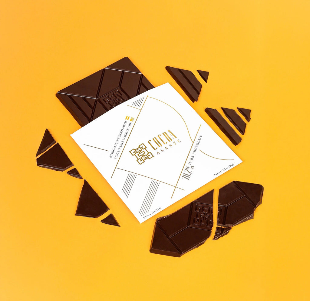 Two 70.2% dark chocolate bars made with single-origin Ghanaian cacao