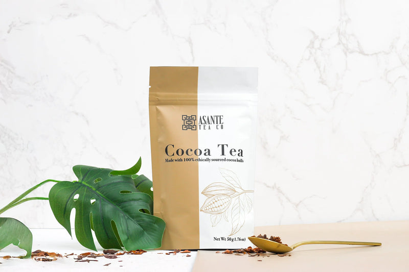 Loose cocoa hull tea made from roasted cacao bean husks
