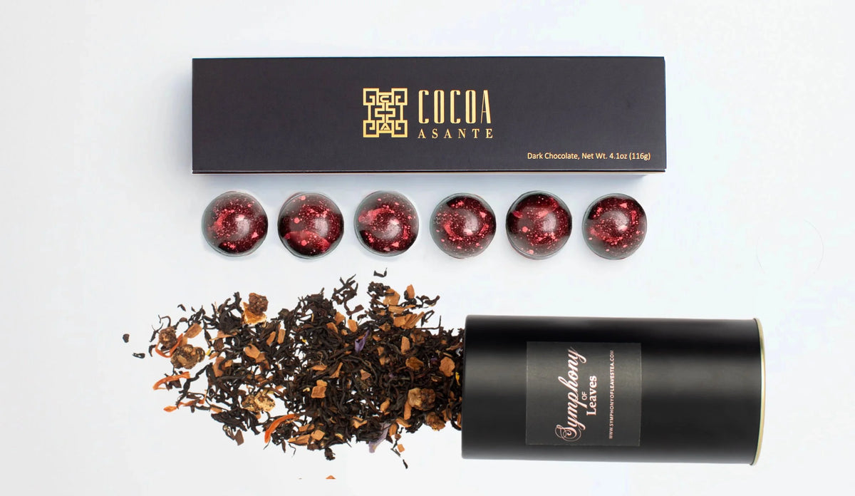 Dark chocolate tea bonbons with pink speckled shells