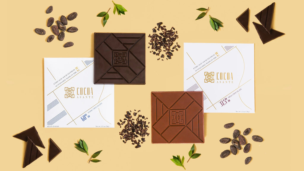 Two single-origin chocolate bars, one 60% dark and one 37.5% milk, side by side