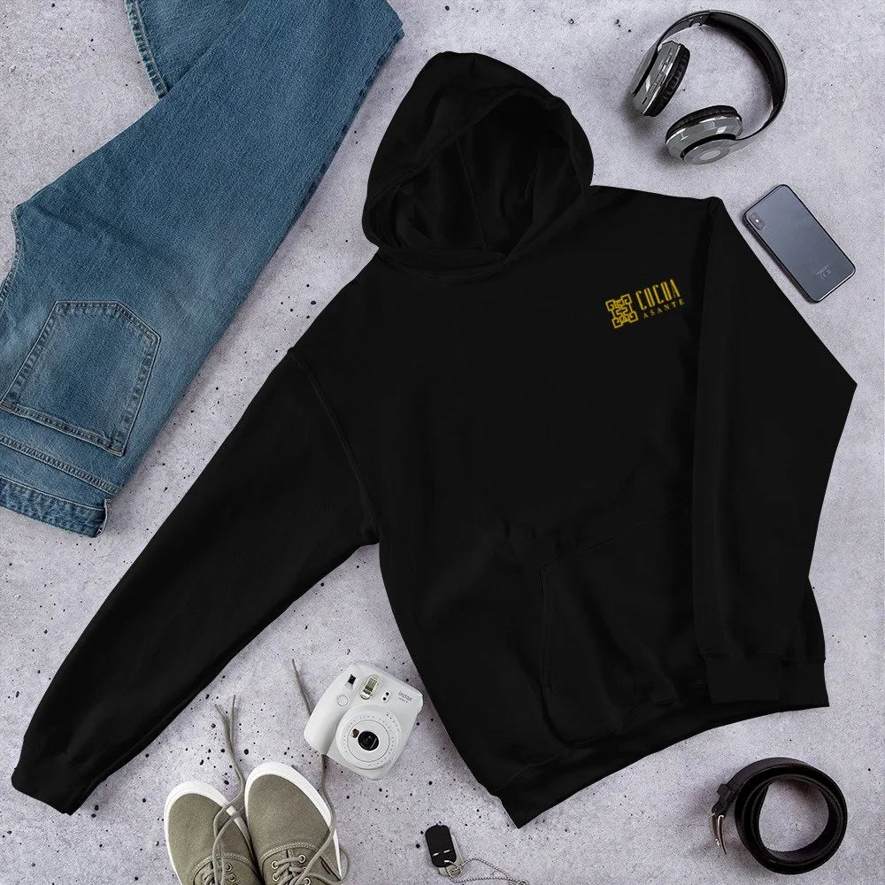 Cozy unisex pullover hoodie with an embroidered Cocoa Asante chest logo